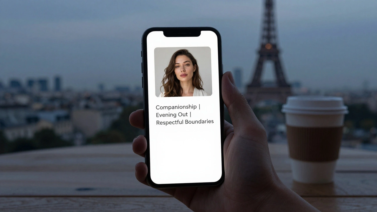 A smartphone screen showing a simple escort profile with a natural photo and clear boundaries.