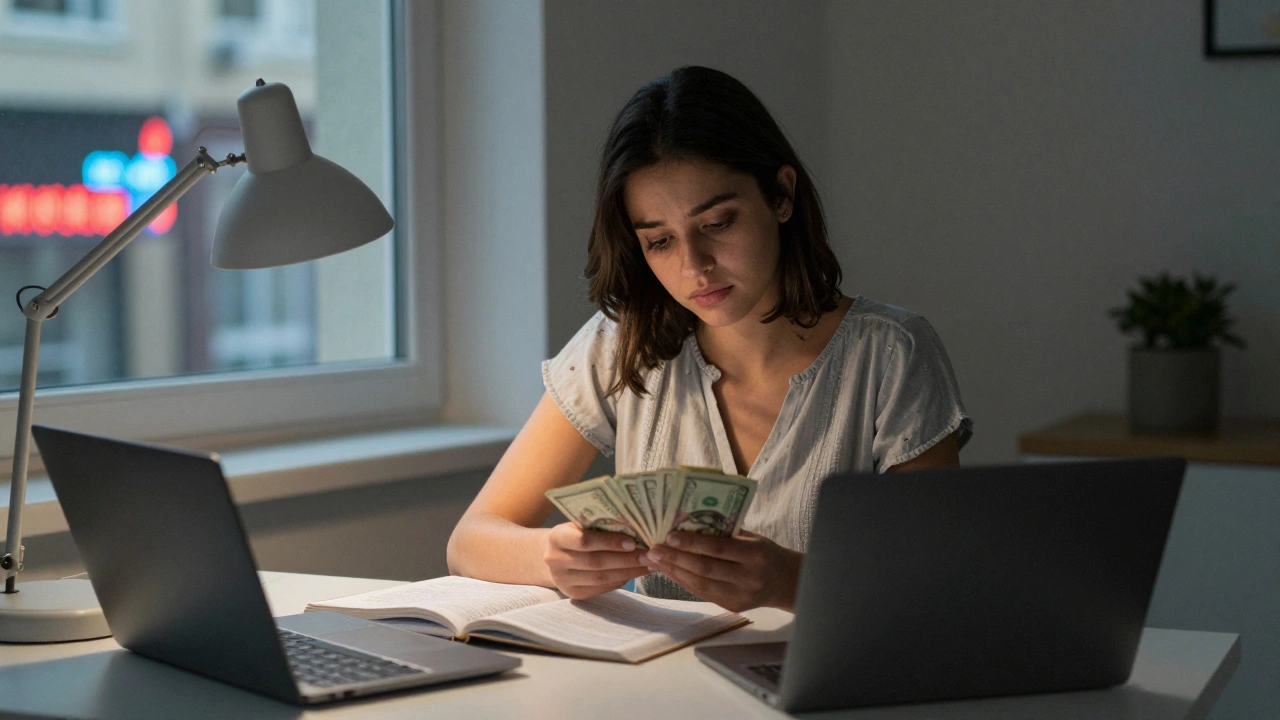A young woman counts money beside her textbooks in a quiet room, her expression calm and determined.