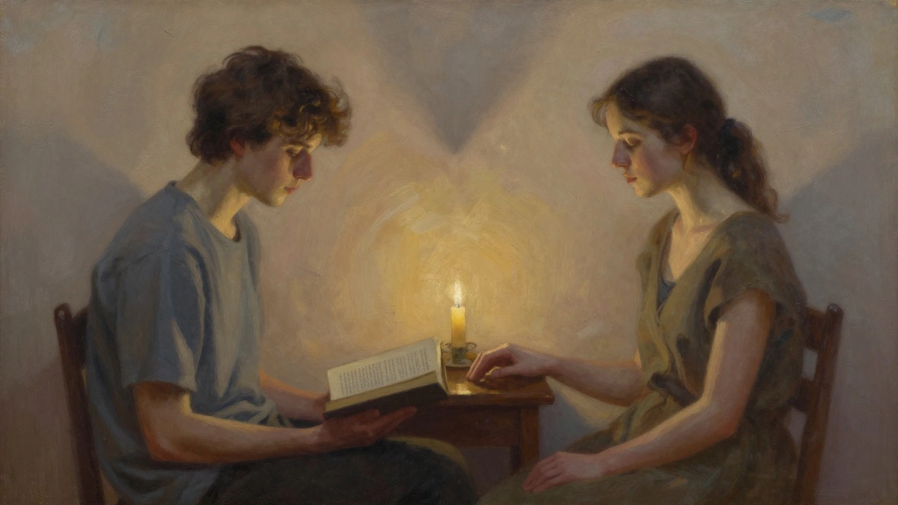 Two people sit in silent connection, hands lightly touching, in a softly lit room with a flickering candle.